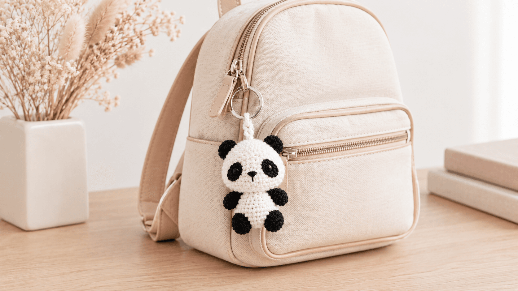Handmade black and white crochet panda amigurumi keychain hanging from a small silver split ring on the zipper of a cream canvas mini backpack with soft blush pink leather straps, styled on a pale oak wood surface with a matte cream ceramic vase of dried blush pampas grass and a stack of blush notebooks against a bright white studio wall