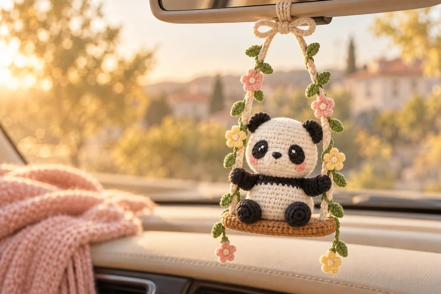 Crochet panda car charm: a mini amigurumi panda with black ears, black eye patches, a black nose, pink cheeks and a black shoulder band, holding the ropes of a caramel crochet swing seat, two cream ropes meeting under a cream bow tied to a rear-view mirror, with green leafy vines and little blush pink and butter yellow flowers on the ropes and at the tips of the hanging vines, in front of a sunny windshield