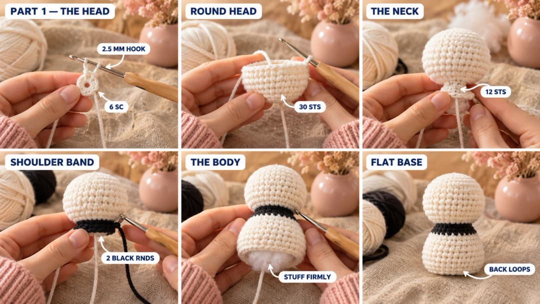 Step 1 of the crochet panda car charm: a white magic ring of 6 single crochet on a 2.5 mm hook, the round white head growing to 30 stitches, the head stuffed and narrowed to a 12-stitch neck, two black rounds for the shoulder band, and the white body with a flat base closed at the bottom