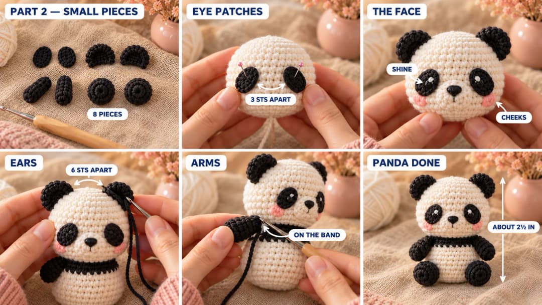 Step 2 of the crochet panda car charm: two small black oval eye patches, two black half-cup ears, two black arms and two black legs, the eye patches sewn on with a tiny white shine, a black nose and pink cheeks, and the finished panda sitting with its legs forward