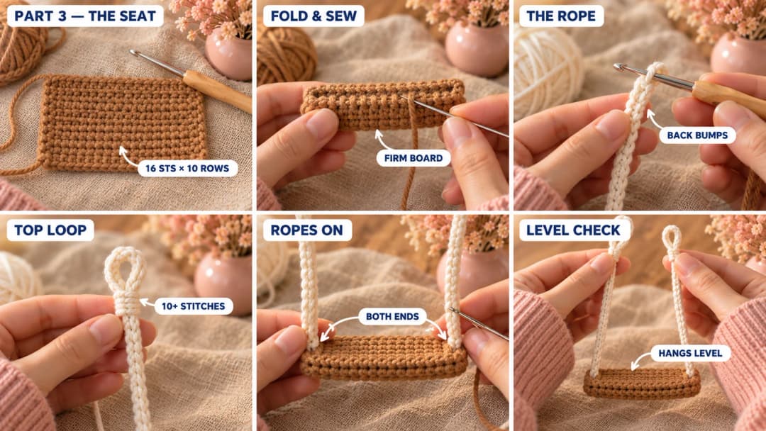 Step 3 of the crochet panda car charm: a caramel brown rectangle of single crochet rows folded in half into a firm swing seat, a cream chain worked into a firm slip-stitch cord, the top folded into a small hanging loop sewn with many stitches, and both ropes sewn to the ends of the seat