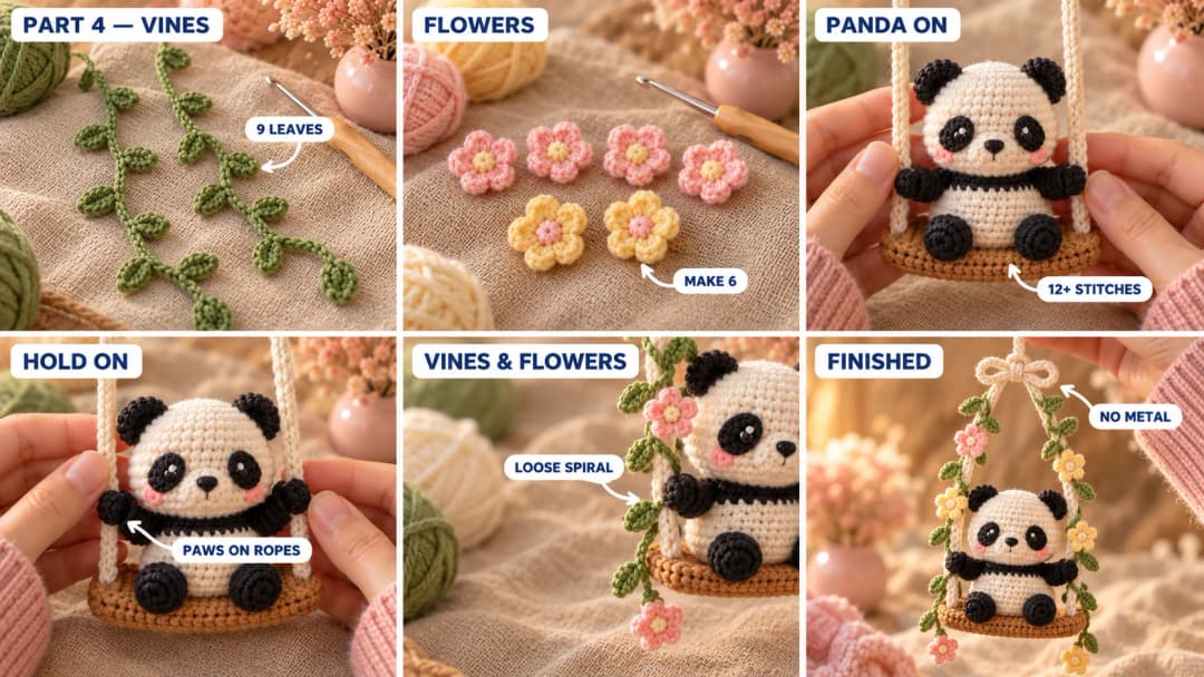 Step 4 of the crochet panda car charm: two green chain vines with little leaves, six tiny five-petal flowers in blush pink and butter yellow, the panda sewn on the seat with its paws tacked to the ropes, the vines wound around the ropes with flowers, and the finished panda swing tied to a rear-view mirror