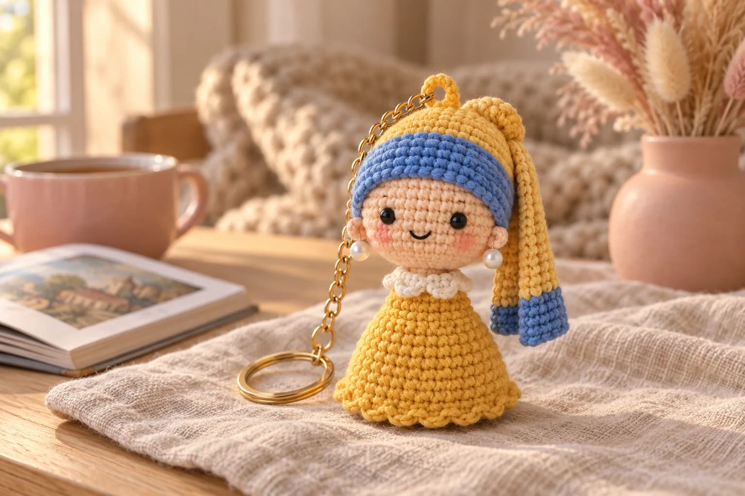 Crochet doll keychain inspired by Girl with a Pearl Earring: a mini amigurumi doll with a peach face, black eyes, pink cheeks and a little smile, a blue turban band with a yellow cap, bun and hanging tail with a blue end, white pearl earrings, a white ruffled collar and a bell-shaped yellow dress with a ruffled hem, on a yellow loop and a gold key ring, standing on an oatmeal linen cloth next to a blush pink mug of tea, an open art book and a pink vase of dried pampas