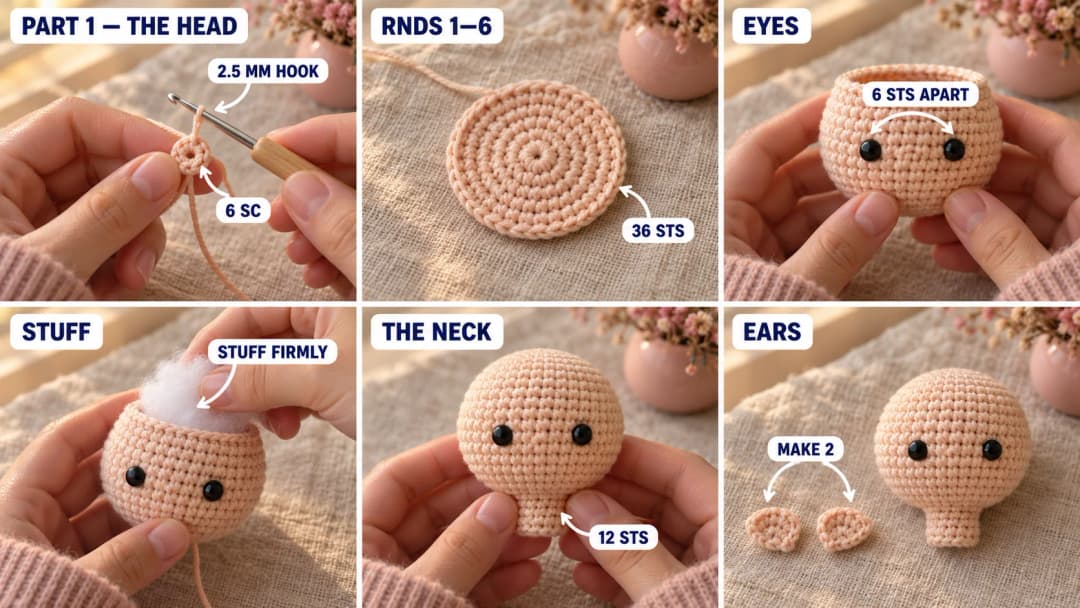 Step 1 of the crochet doll keychain: a light peach magic ring of 6 single crochet on a 2.5 mm hook, a flat circle growing to 36 stitches, the round head with two small black safety eyes 6 stitches apart, the head stuffed and narrowed to a 12-stitch neck, and two tiny half-circle ears
