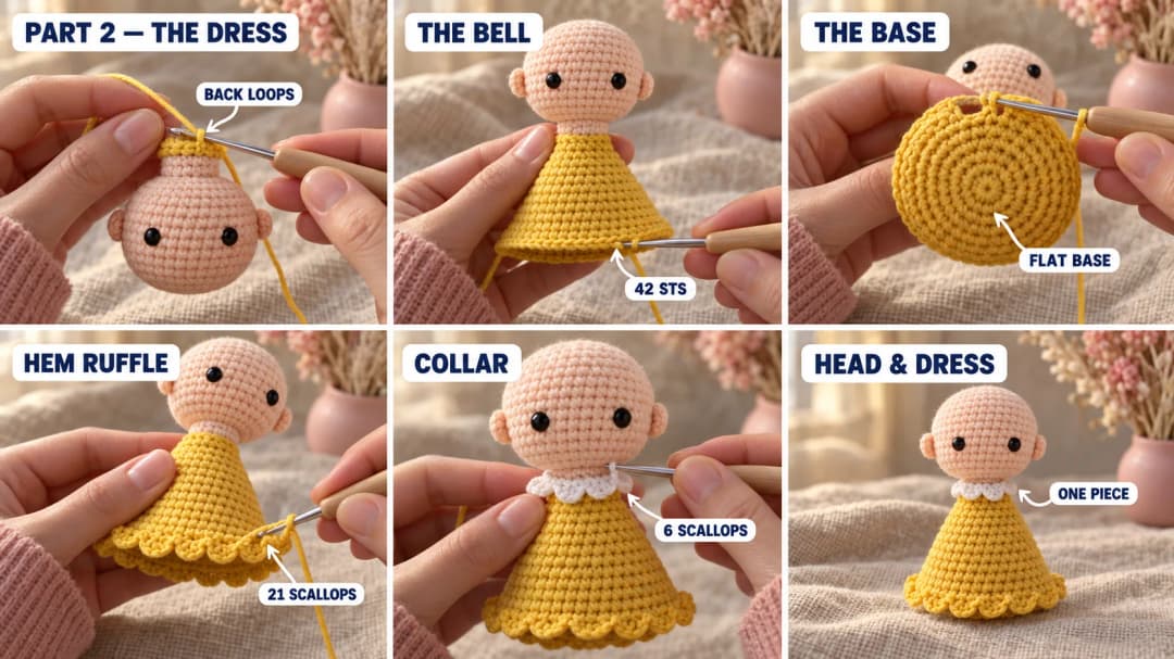 Step 2 of the crochet doll keychain: the color change from peach to yellow at the neck, a bell-shaped yellow dress growing in single crochet rounds, a flat base closed at the bottom, a ruffle of tiny scallops worked in the front loops at the hem, and a white wavy collar under the chin
