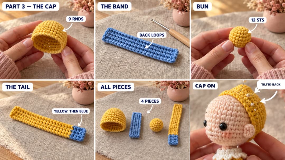 Step 3 of the crochet doll keychain: a small yellow dome cap of single crochet, a ribbed cornflower blue band worked in back loops, a little stuffed yellow bun, and a flat yellow strip ending in blue for the hanging tail of the turban