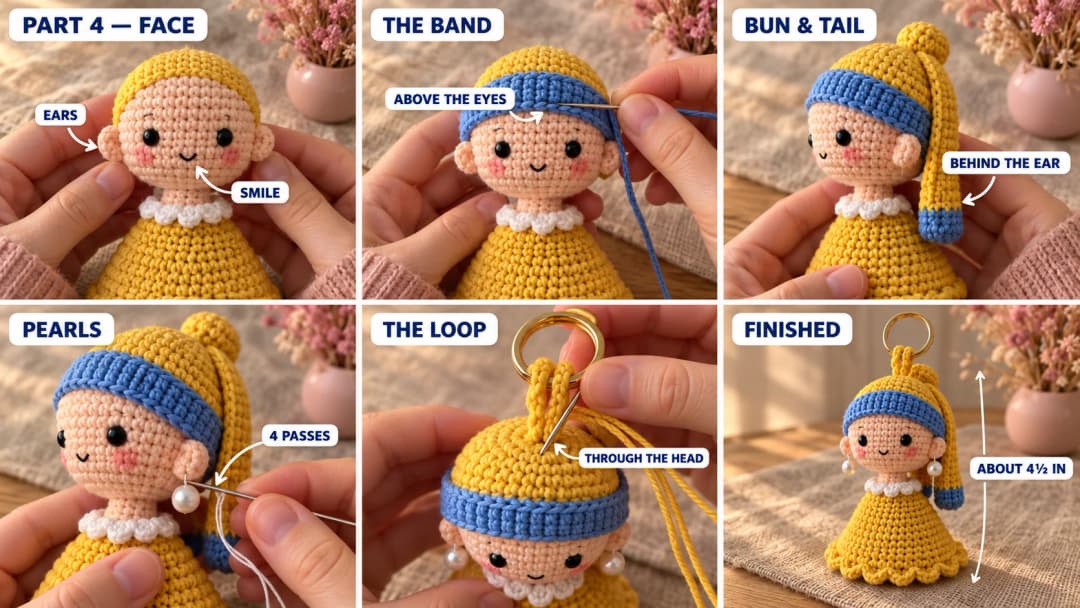 Step 4 of the crochet doll keychain: ears sewn on the sides of the head, a tiny black embroidered smile and pink cheeks, the yellow cap and blue band sewn on as a turban, the yellow bun and the hanging tail with its blue end, white pearl beads sewn to the ears, a doubled yellow chain anchored through the head, and the finished doll on a gold key ring