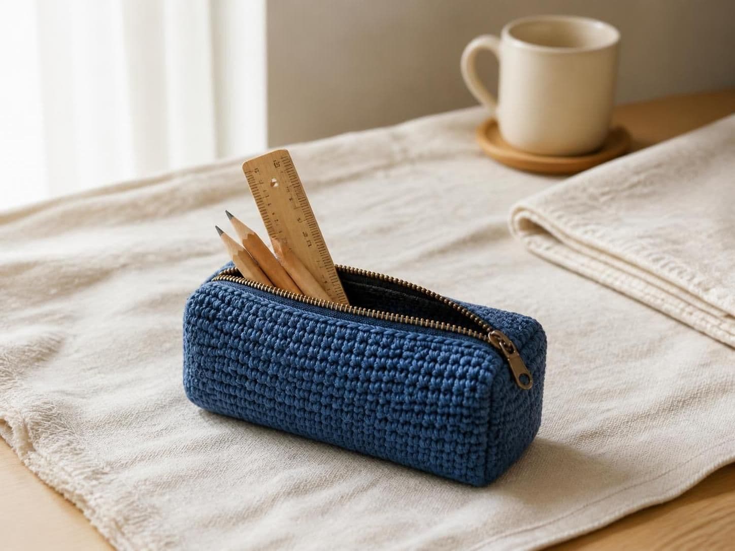 Denim-blue crochet pencil case with brass zipper, open, holding pens and pencils on white linen