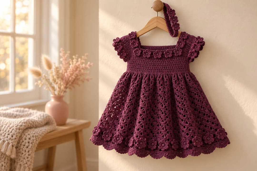 Plum Blossom crochet toddler dress pattern: a deep plum crochet toddler dress with a square neckline edged in small 3D plum flowers, short sleeves ringed with flowers, a fine half double crochet bodice, a full V-stitch skirt and a row of flowers above a scalloped hem, hanging on a small light oak hanger against a cream wall, with a matching plum flower headband hanging from the hanger hook
