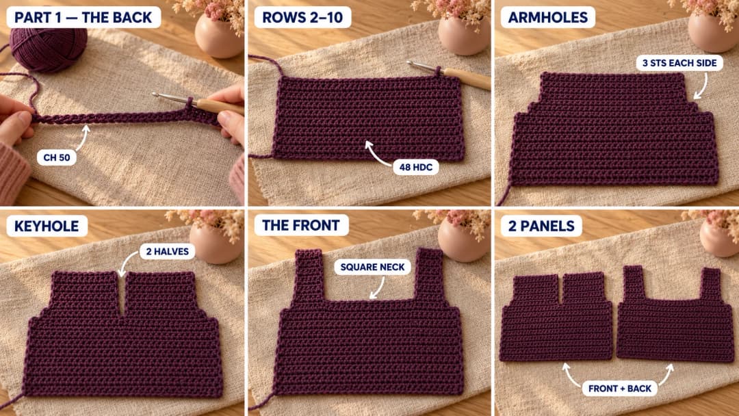 Step 1 of the Plum Blossom crochet toddler dress pattern: a plum foundation chain with the first row of half double crochet, the back panel growing in rows, the armhole row with three stitches left unworked at each side, the back split into two halves for the keyhole, the front panel with a square neck between two straps, and the two finished panels side by side