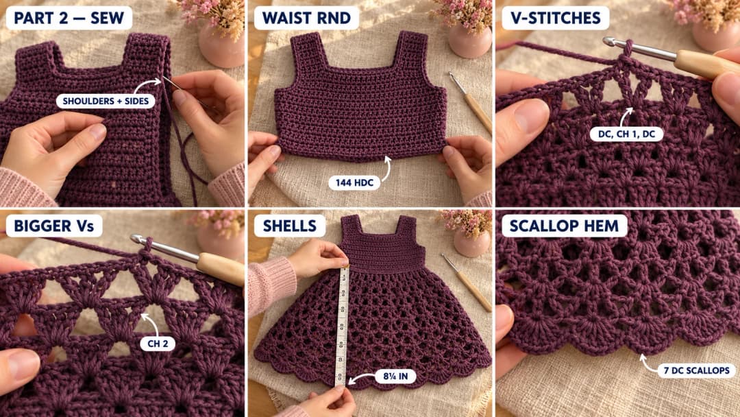 Step 2 of the Plum Blossom crochet toddler dress pattern: the front and back panels sewn at the shoulders and sides, the first gathered round of half double crochet at the waist, V-stitch rounds below the bodice, the V-stitches widened into bigger Vs, the skirt in full shells measured from the waist, and the scalloped hem