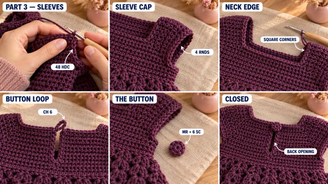 Step 3 of the Plum Blossom crochet toddler dress pattern: half double crochet picked up around the armhole, the short sleeve cap finished with a round of single crochet, single crochet edging around the square front neck, the back keyhole with a chain button loop, a tiny plum crochet button, and the back of the dress closed at the neck