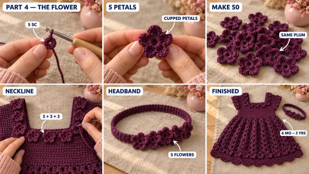 Step 4 of the Plum Blossom crochet toddler dress pattern: a plum magic ring of five single crochet, five cupped petals worked into it, a little pile of finished plum flowers, the flowers sewn along the square neckline, a ring of flowers on the hem above the scallops, and the matching plum headband with a cluster of five flowers