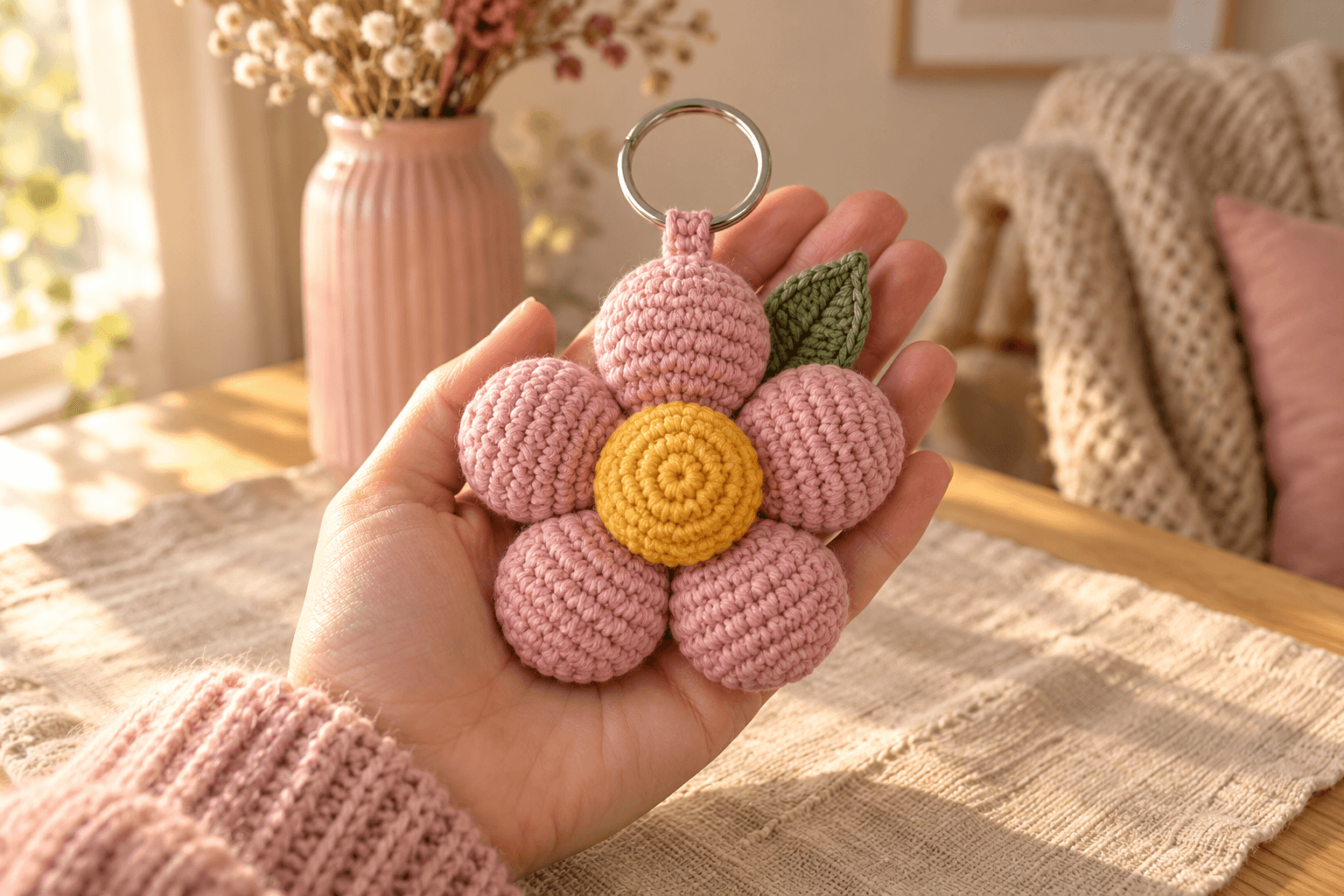 A crochet flower keychain with five softly padded rounded pink petals around a raised sunflower yellow center, one pointed green leaf peeking from behind the upper right petals and a short reinforced pink loop holding a silver split key ring