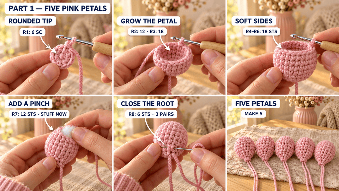 Five softly stuffed pink petals worked from six-stitch tips to eighteen-stitch sides, filled after Round 7 and closed over three stitch pairs at Round 8.