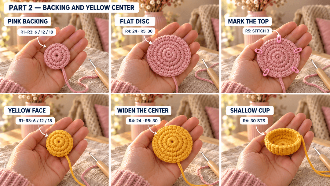 The thirty-stitch pink backing disc with five marked stitch groups and a separate yellow center ending with thirty stitches at Round 6.