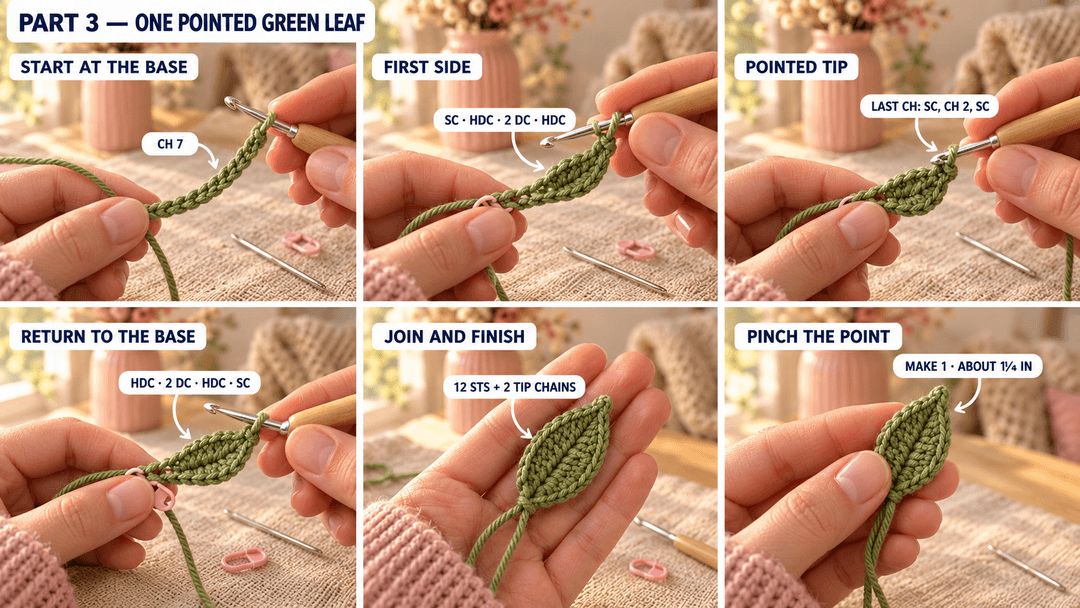 One pointed green leaf worked along both sides of a seven-chain foundation, with twelve main stitches and two tip chains.
