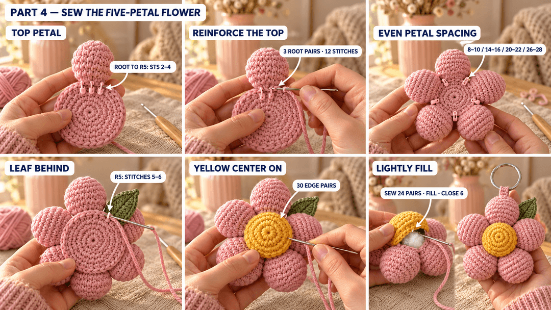 Attaching five pink petal roots around the backing, sewing one green leaf behind and joining the yellow center through thirty edge pairs, filling before the last six pairs close.