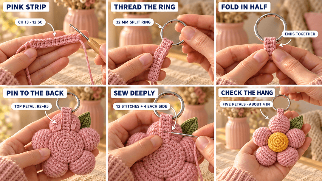 A twelve-stitch pink hanging strip folded around a silver split ring, sewn deeply over Rounds 2–5 on the back of the top petal and checked by lifting the flower.