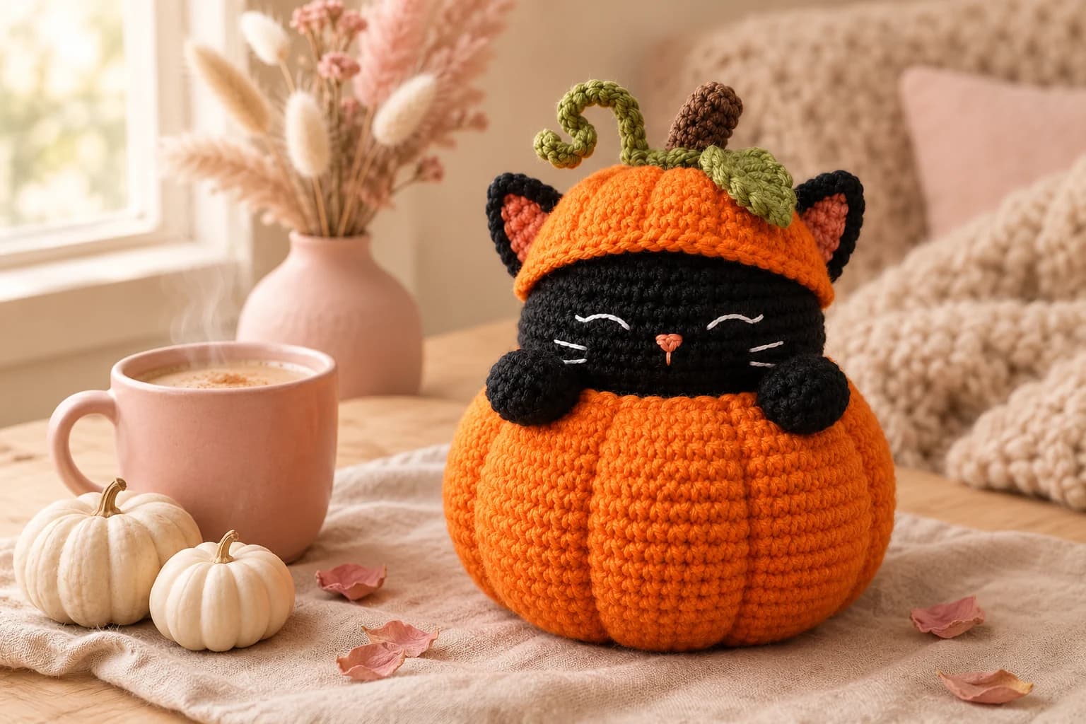 Pumpkin cat crochet pattern: a black crochet cat with sleepy embroidered eyes, a coral nose and white whiskers peeking out of a plump ribbed orange pumpkin, its two black paws over the rim, wearing an orange pumpkin hat with a brown stem, a green leaf and a curly green vine, on an oatmeal linen cloth next to a blush pink mug of chai and two mini white pumpkins, with a beige knit throw and a blush vase of dried pampas behind