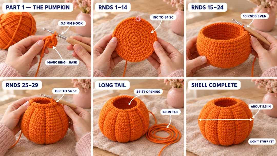 Step 1 of the pumpkin cat crochet pattern: an orange magic ring of 6 single crochet on a 3.5 mm hook, a flat orange disc growing to 84 stitches, straight rounds building the pumpkin's sides, decreases closing it in, and the finished open orange pumpkin shell with a 54-stitch top opening and a long tail
