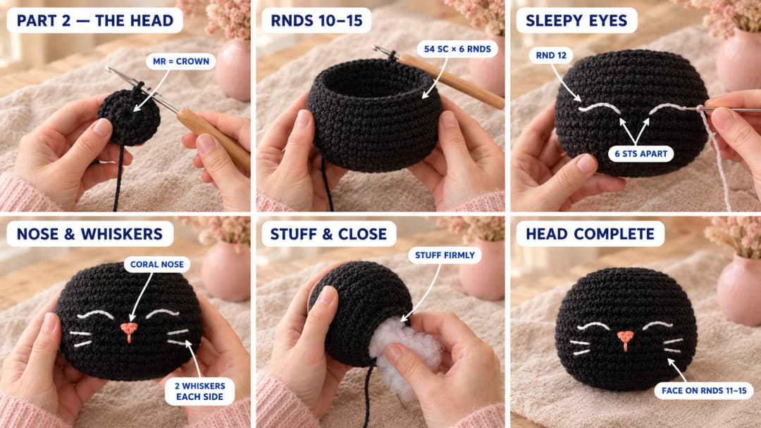 Step 2 of the pumpkin cat crochet pattern: a black dome growing from a magic ring to 54 stitches, six straight rounds, white closed-eye arcs and white whiskers embroidered on the front with a coral pink nose, the head being stuffed through its bottom opening, and the finished round black cat head with its sleepy face