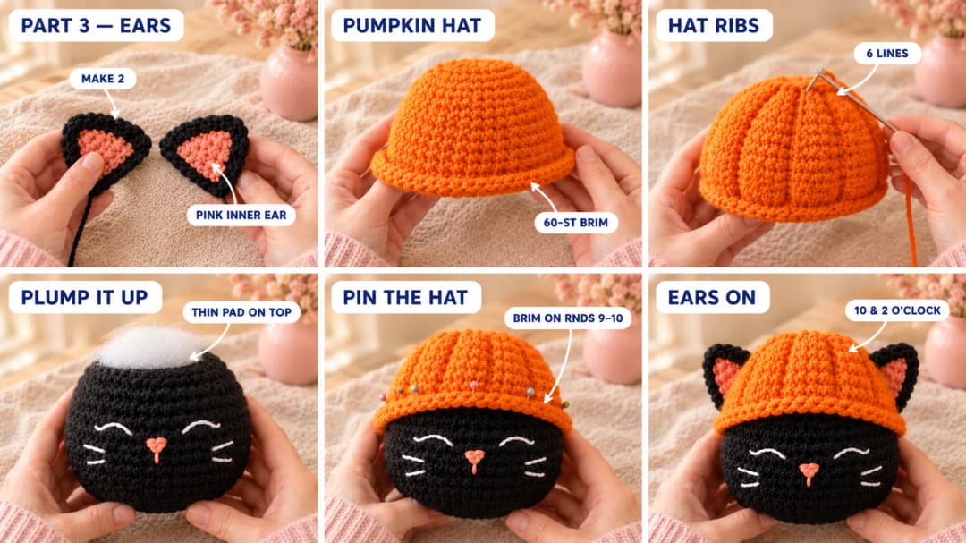 Step 3 of the pumpkin cat crochet pattern: two flat black ears with coral pink inner ears sewn on, the orange pumpkin hat with its flared brim, rib lines pulled into the hat with orange yarn, a thin pad of stuffing on the closed black head, the ribbed hat pinned on with the brim just above the sleepy face, and the ears sewn at the sides poking out from under the brim