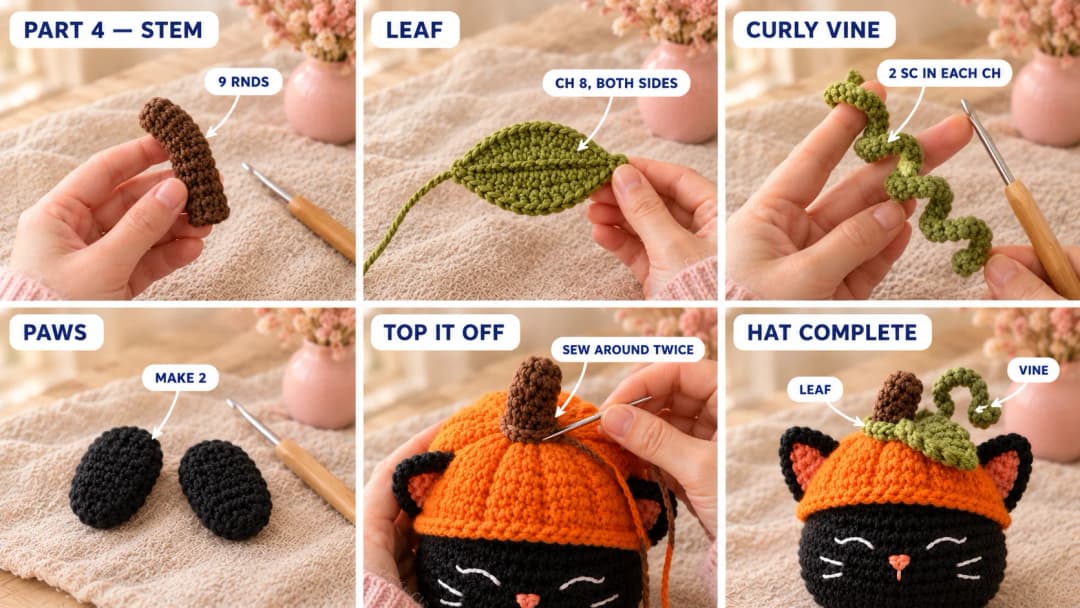 Step 4 of the pumpkin cat crochet pattern: a brown stem with a bent tip, a flat olive green leaf worked on both sides of a chain, a corkscrew vine curling around a finger, two stuffed oval black paws, and the stem, leaf and vine sewn on top of the orange pumpkin hat