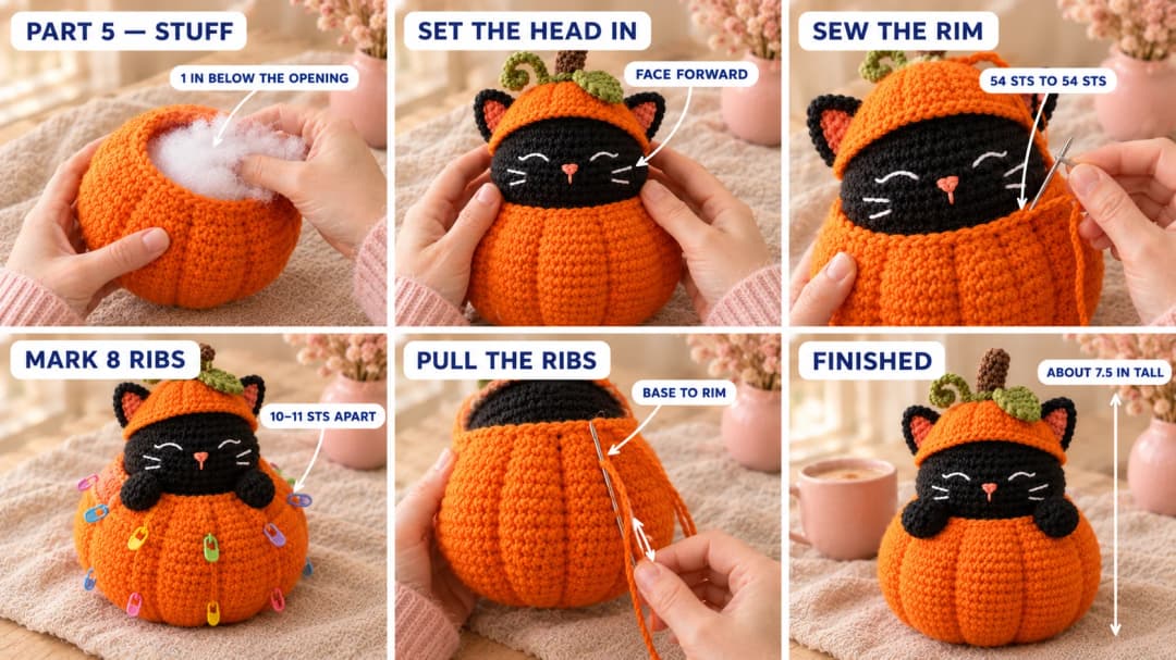 Step 5 of the pumpkin cat crochet pattern: the orange pumpkin being stuffed, the black cat head set into the opening and sewn on with orange yarn, the black paws sewn over the rim, eight stitch markers around the widest round, a doll needle pulling rib lines from the base to the rim, and the finished pumpkin cat in a pumpkin hat sitting on an oatmeal linen cloth