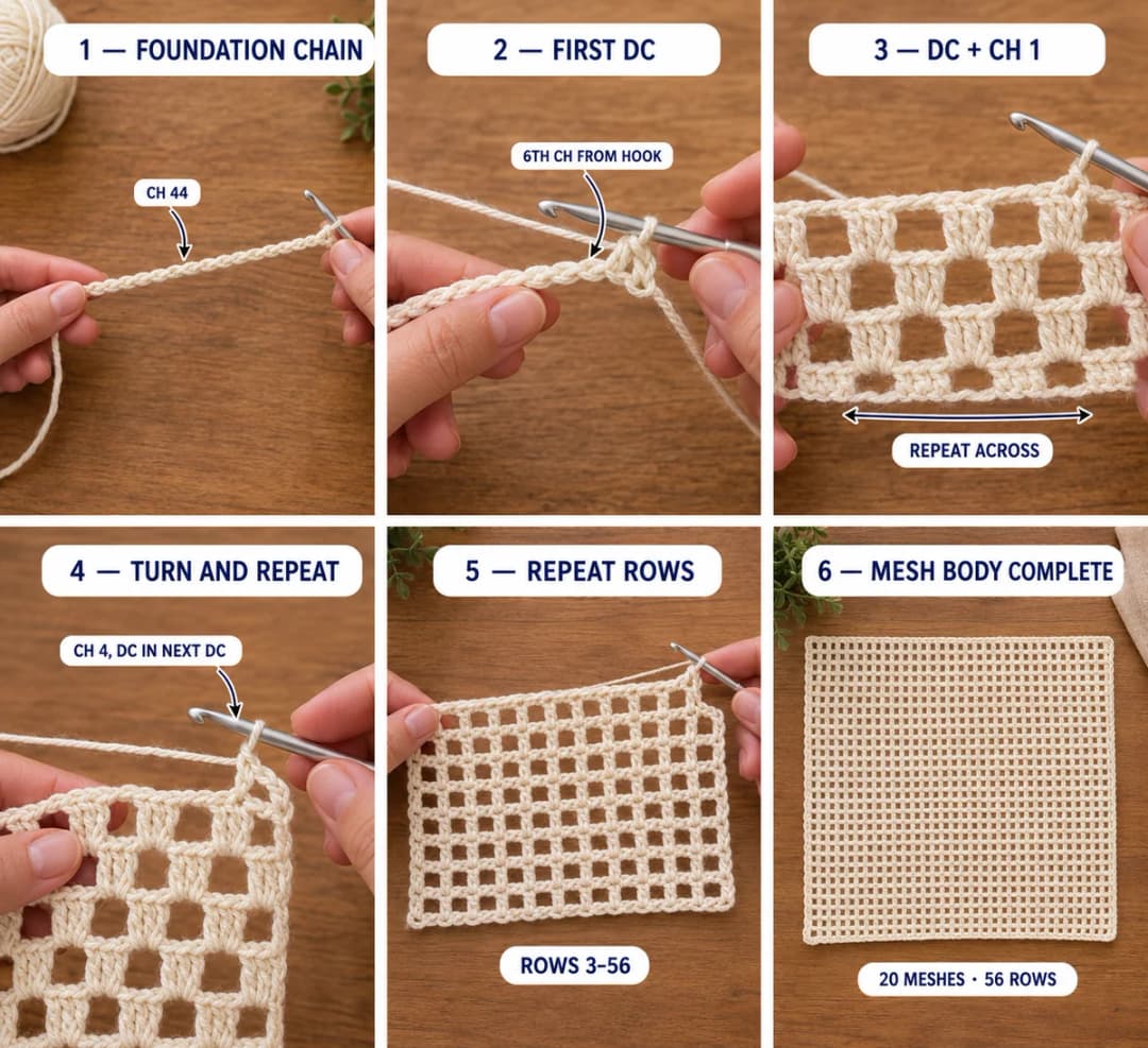 Part 1 of the pumpkin table runner: chaining 44 in cream cotton, the first row of filet mesh with double crochet and chain 1, a close-up of the square mesh, and the finished mesh body of 20 meshes and 56 rows