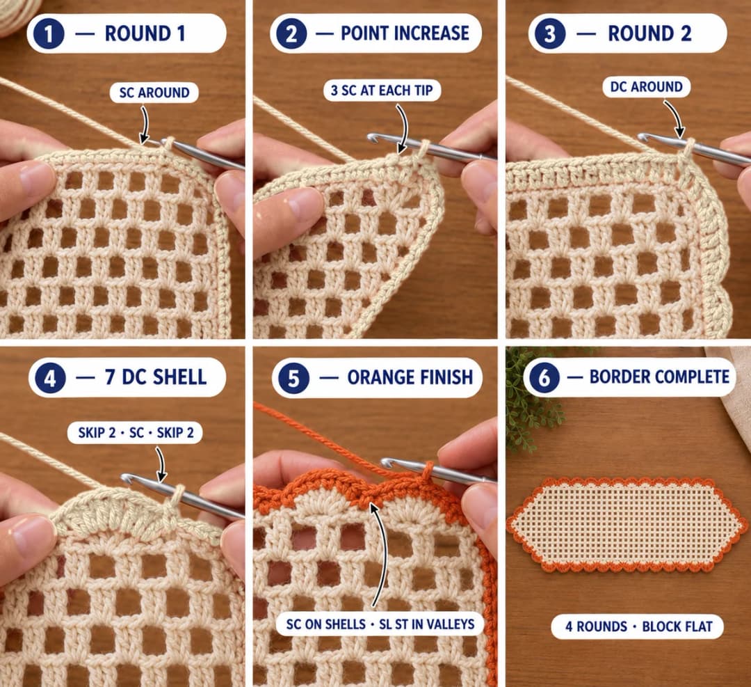 Part 3 of the pumpkin table runner: a round of cream single crochet around the mesh with 3 sc at each tip, a round of cream double crochet, cream seven-double-crochet shells making the scallops, the orange single crochet edge with a slip stitch in each valley, and the finished bordered runner