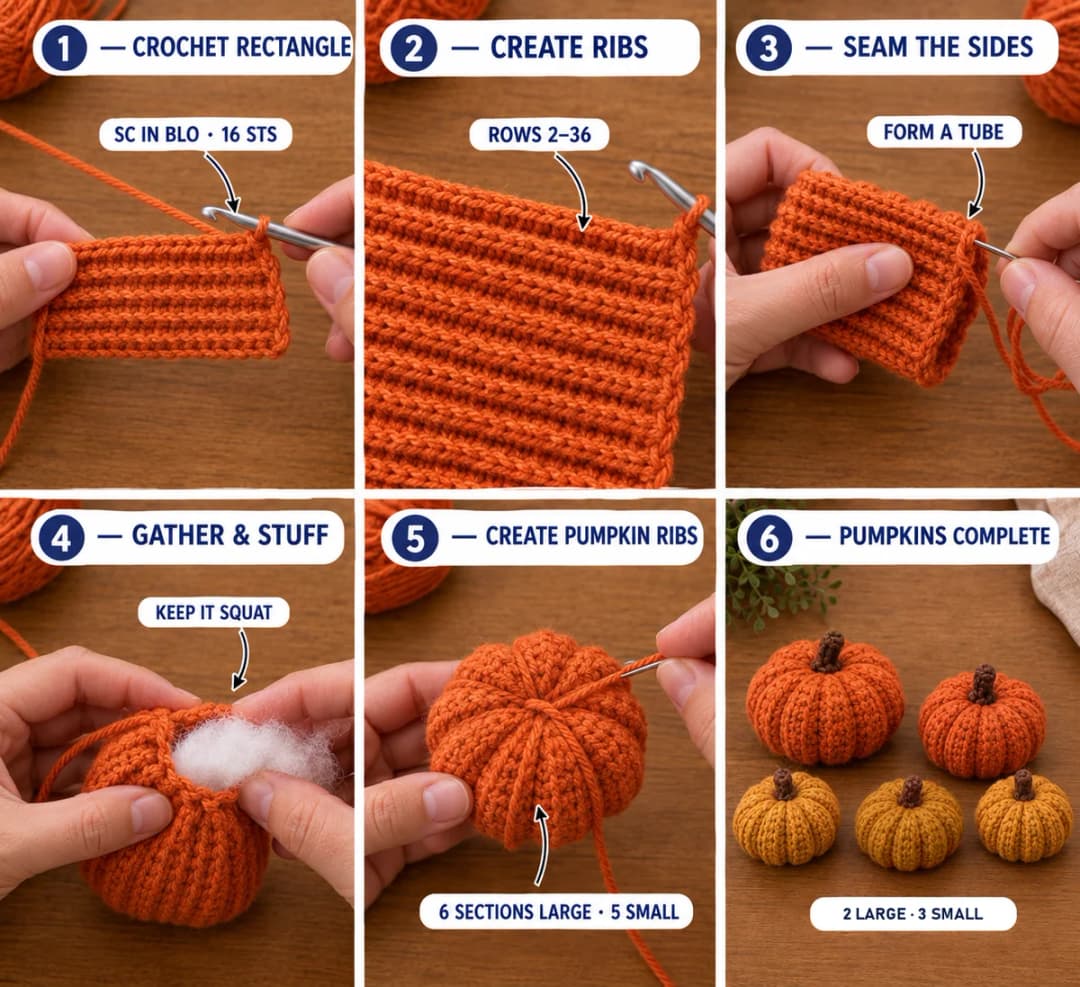 Part 4 of the pumpkin table runner: an orange back loop only single crochet rectangle of 16 stitches, rows 2 to 36, the rectangle seamed into a tube, gathered and stuffed, yarn wrapped into sections, and 2 large orange and 3 small mustard pumpkins with brown stems