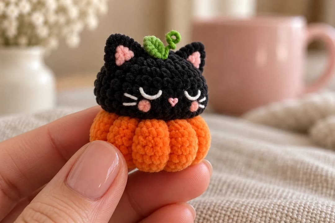 The classic Pumpkin Witch Kitty held between two fingers: a sleepy black chenille cat on an orange pumpkin with a green leaf and a curly green vine between its pointed ears