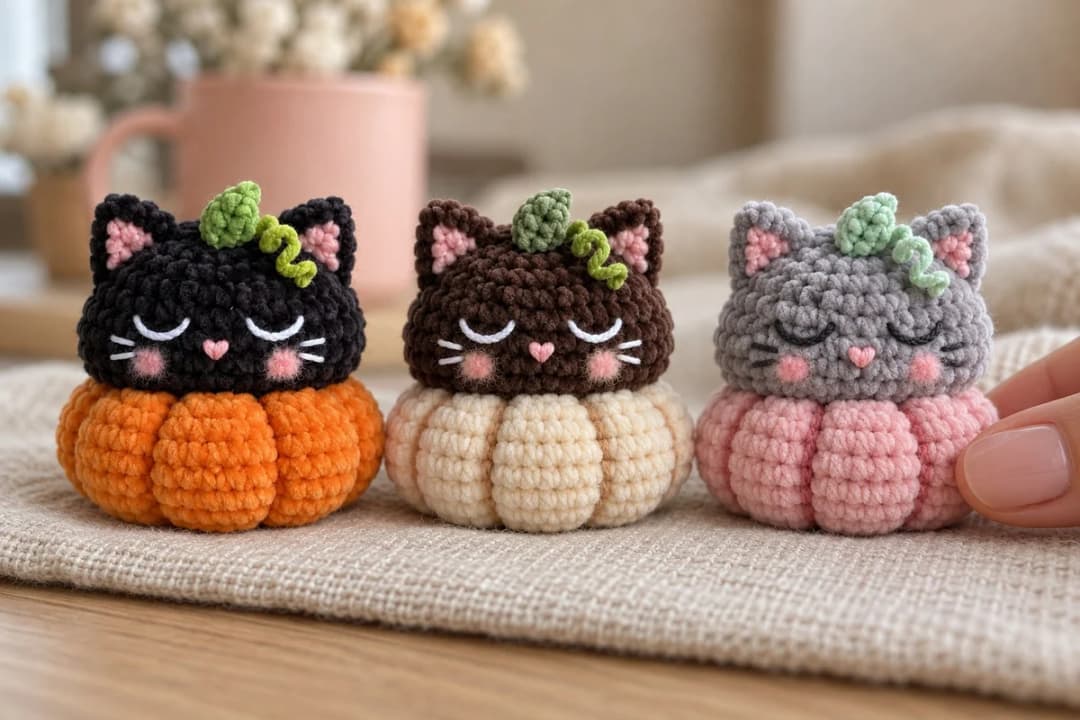The Pumpkin Witch Kitty in three colourways side by side on a linen cloth: a black cat on an orange pumpkin, a chocolate brown cat on a cream pumpkin and a grey cat on a powder pink pumpkin, each with a curly green leaf and vine between its ears and the same sleepy face