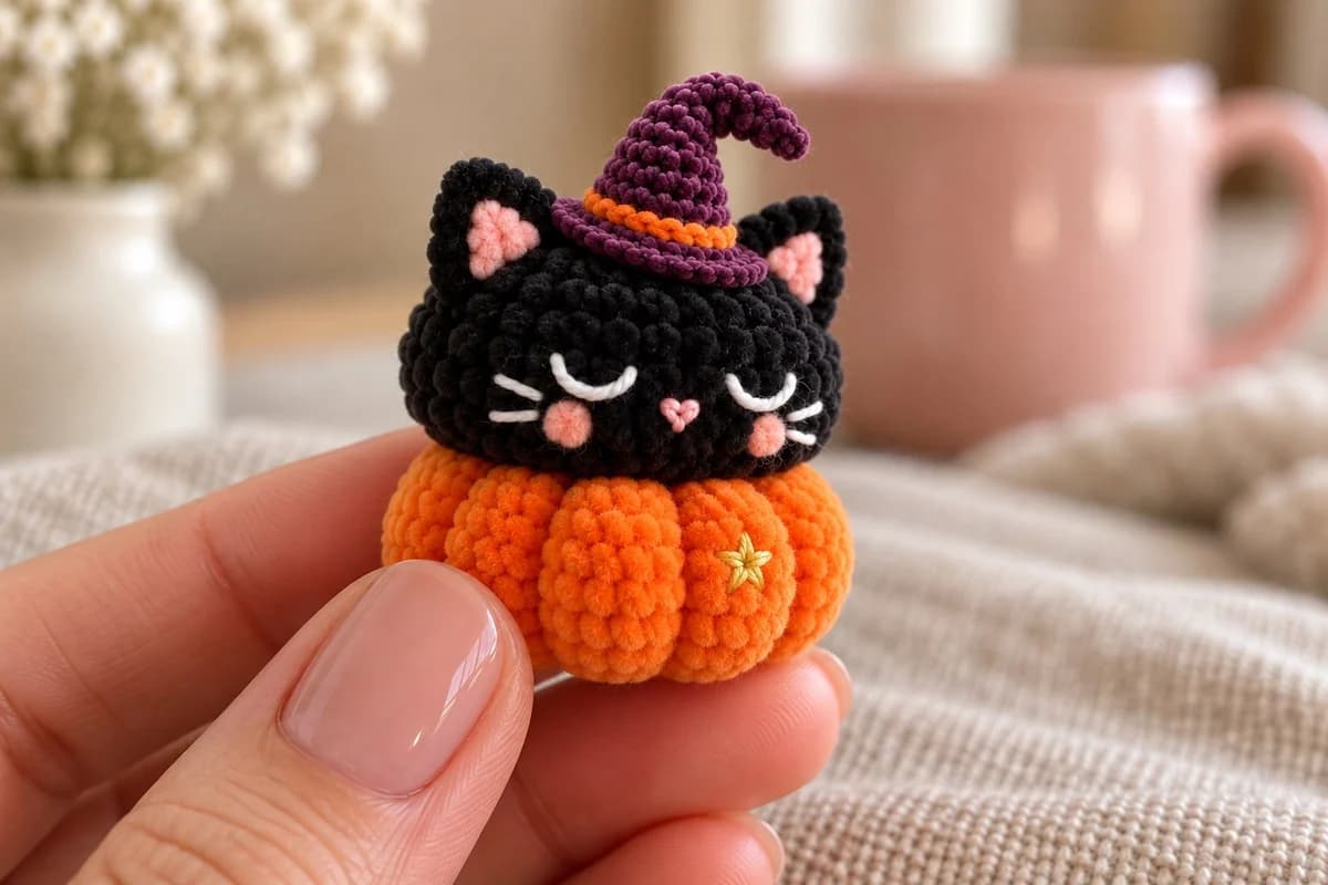 Pumpkin Witch Kitty crochet pattern: a tiny black chenille cat with closed sleepy eyes, white whiskers, a pink heart nose and pink inner ears, napping on a plump orange pumpkin pulled into round sections with a tiny gold star, wearing a plum witch hat with an orange band and a bent tip, held between two fingers above a cream knit blanket with a blush pink mug and white flowers blurred behind