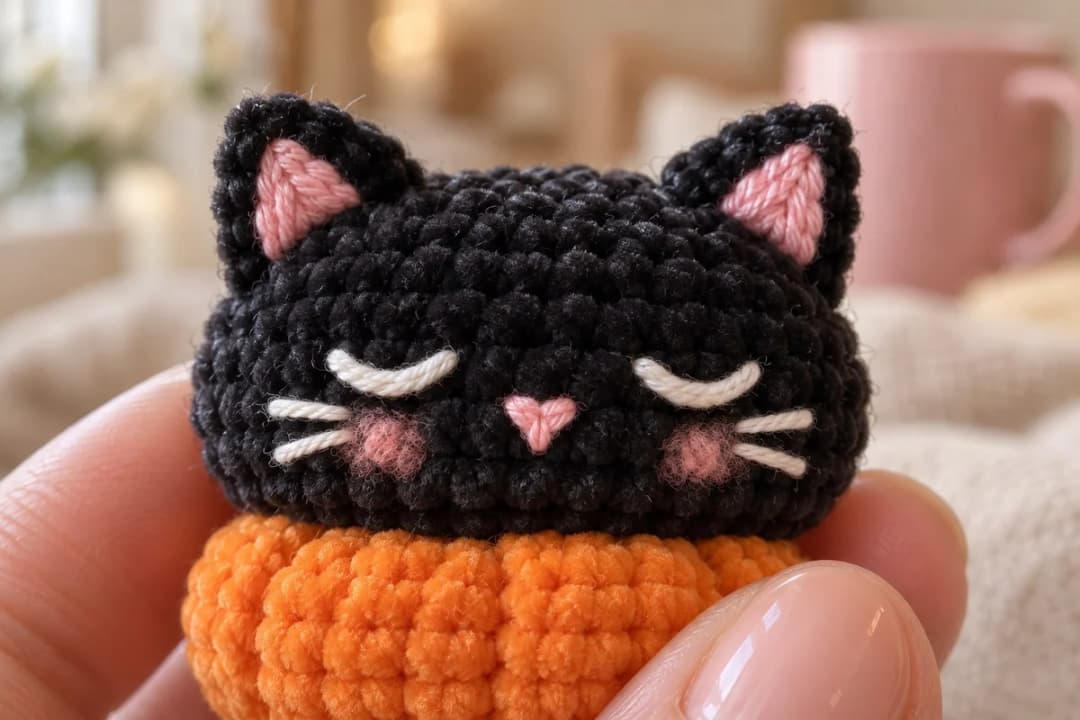 Close-up of the black chenille cat's sleepy face: two white closed eyes curved like smiles, a small pink heart nose, two short white whiskers on each side, pink cheeks and pink inner ears, the head sitting low on the orange pumpkin