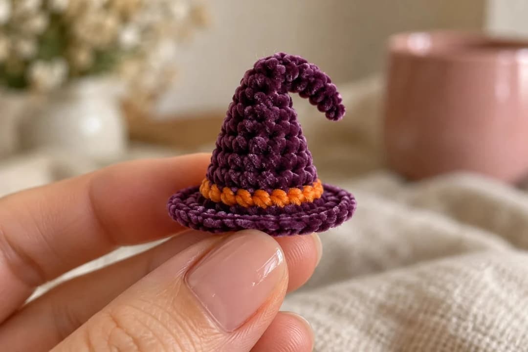 The finished plum witch hat held between two fingers: a pointed chenille cone with its tip bent to one side, an orange band around the base and a small flat brim