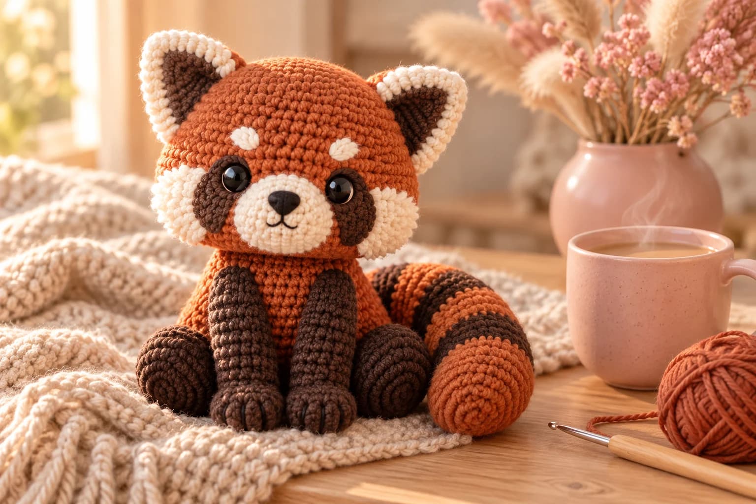 Crochet red panda pattern: a sitting rust crochet red panda with big pointed ears edged in cream, black eyes in dark brown patches, a cream muzzle with a black nose, cream cheeks and brow spots, long dark brown front legs with stitched toes, round dark brown hind feet and a thick tail striped rust and dark brown, on a chunky oatmeal knit throw next to a blush pink mug of chai, a ball of rust yarn and a crochet hook