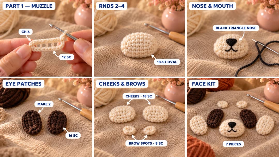 Step 1 of the crochet red panda pattern: a cream oval muzzle worked around a chain, a black triangle nose and mouth embroidered on it, two dark brown oval eye patches, two flat cream oval cheeks and two tiny cream brow spots laid out in face order on the linen