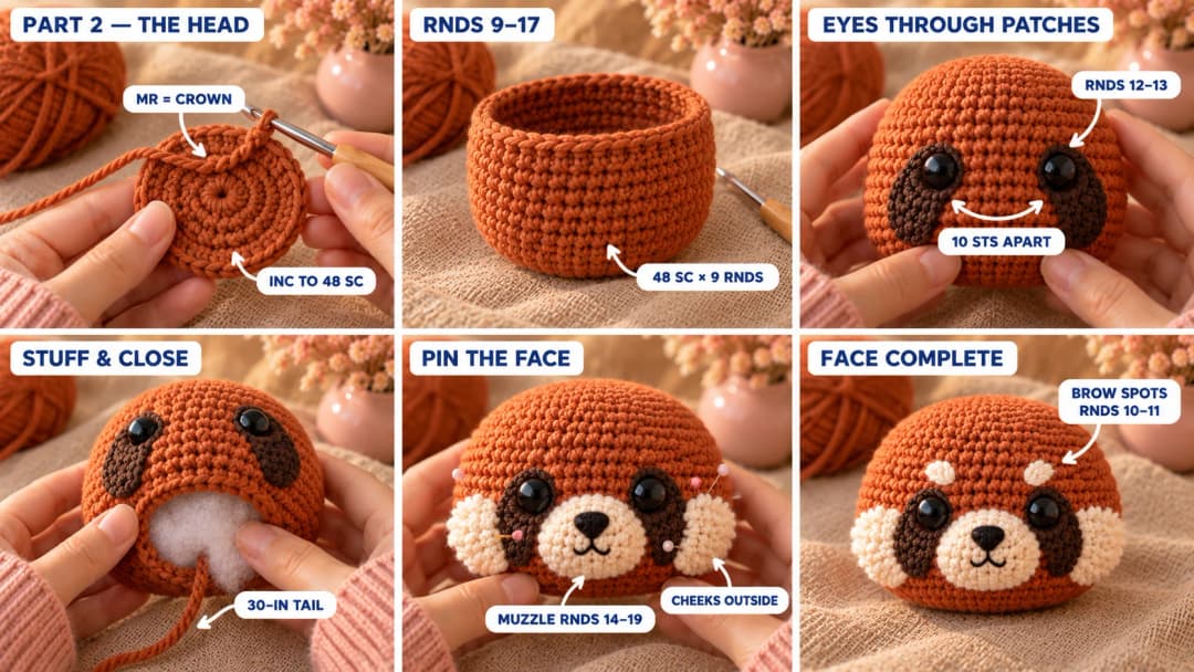 Step 2 of the crochet red panda pattern: a rust magic ring growing into a 48-stitch dome, nine straight rounds, black safety eyes pushed through the dark brown eye patches into the head between rounds 12 and 13, the head stuffed and closed, then the cream muzzle, cream cheeks and cream brow spots pinned and sewn to make the red panda face