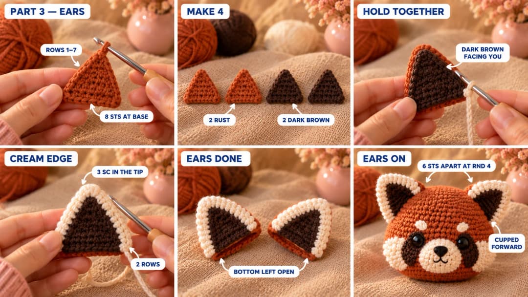 Step 3 of the crochet red panda pattern: a rust triangle and a dark brown triangle worked in rows from the tip, the two triangles held together, a cream single crochet edge worked through both layers with three stitches at the tip, a second cream row, and the two finished ears pinned and sewn on top of the head with the dark brown side facing forward