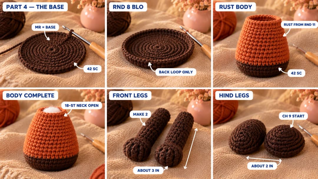 Step 4 of the crochet red panda pattern: a dark brown magic ring growing into a flat base with a back-loop ridge, the body changing to rust and growing up to 42 stitches, decreases shaping the shoulders, the stuffed body with an 18-stitch open neck, two long dark brown front legs with rounded paws and stitched toes, and two dark brown hind leg pods