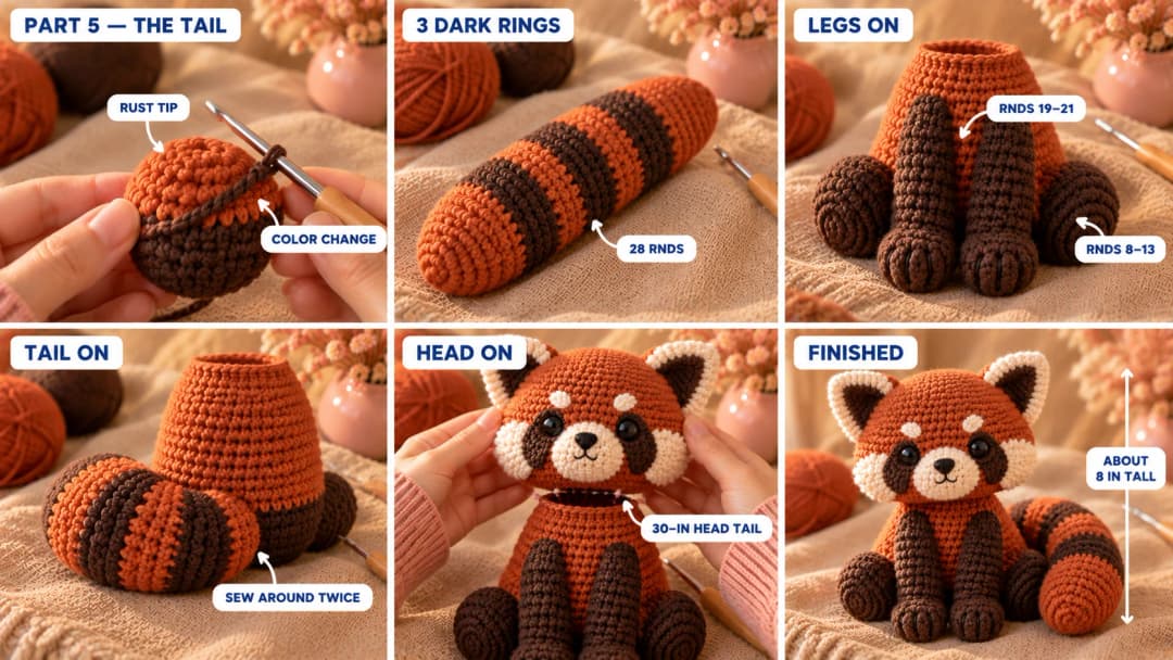 Step 5 of the crochet red panda pattern: a rust tail tip, three dark brown rings worked into the tube, the stuffed striped tail, the front legs and hind leg pods pinned and sewn to the body, the tail sewn at the back and curled around the side, and the head sewn onto the neck to finish the sitting red panda