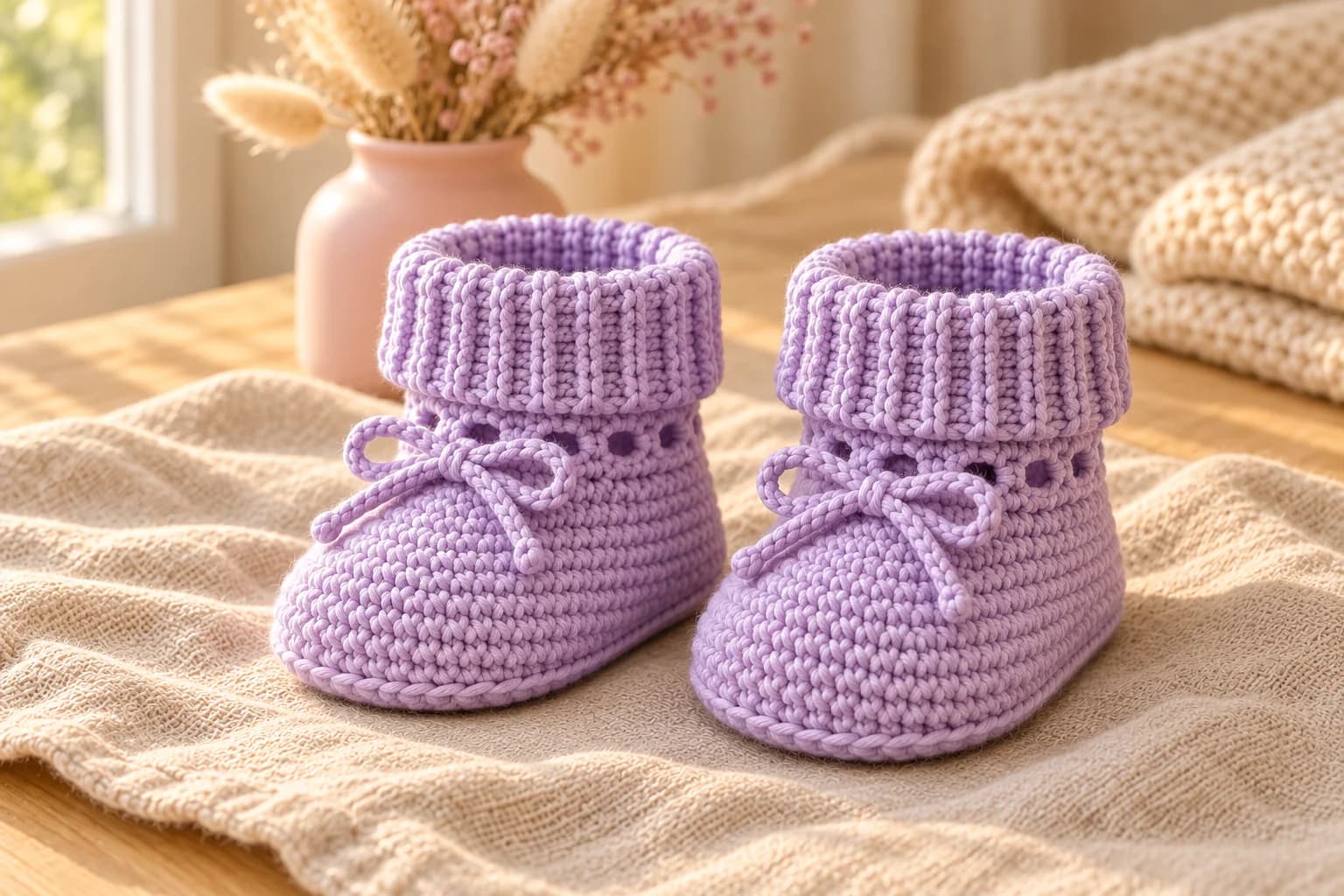 Free crochet baby booties with a ribbed cuff on oatmeal linen: a pair of lavender single crochet booties with rounded toes, a chain tie threaded through a row of little holes at the ankle and knotted in a bow at the front, and a tall ribbed cuff folded down over the top
