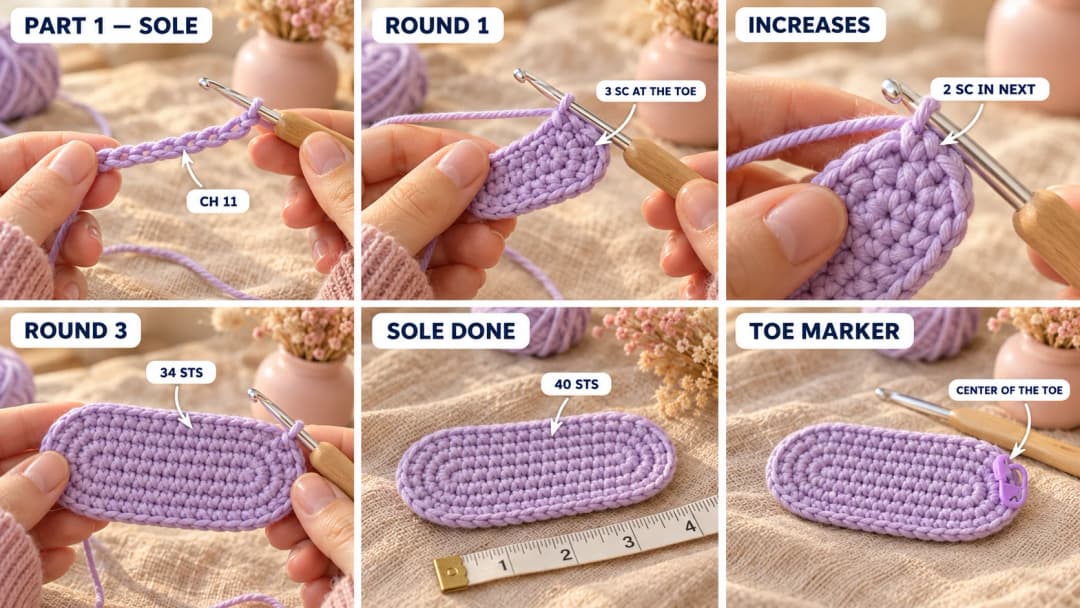 Step 1 of the ribbed cuff crochet baby booties: lavender worsted cotton on a 4 mm hook working single crochet along both sides of a short chain, the oval growing round by round with increases only at the rounded heel and toe, and the finished flat lavender sole about 3½ inches long