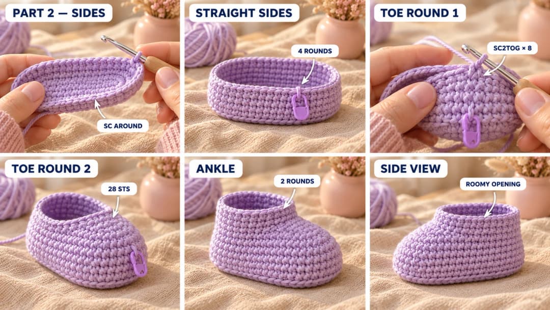 Step 2 of the ribbed cuff crochet baby booties: the lavender sides rising straight up from the edge of the oval sole in rounds of single crochet, a toe marker at the front, then single crochet decreases across the front pulling the toe into a rounded cap and leaving a roomy ankle opening toward the back