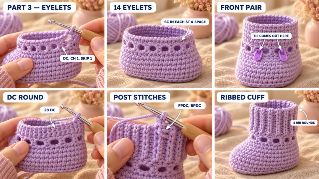 Step 3 of the ribbed cuff crochet baby booties: lavender ankle rounds of single crochet, a round of double crochet and chain spaces making a ring of small eyelets, a round of plain double crochet, then front and back post double crochet ribbing building a tall ribbed cuff above the eyelets