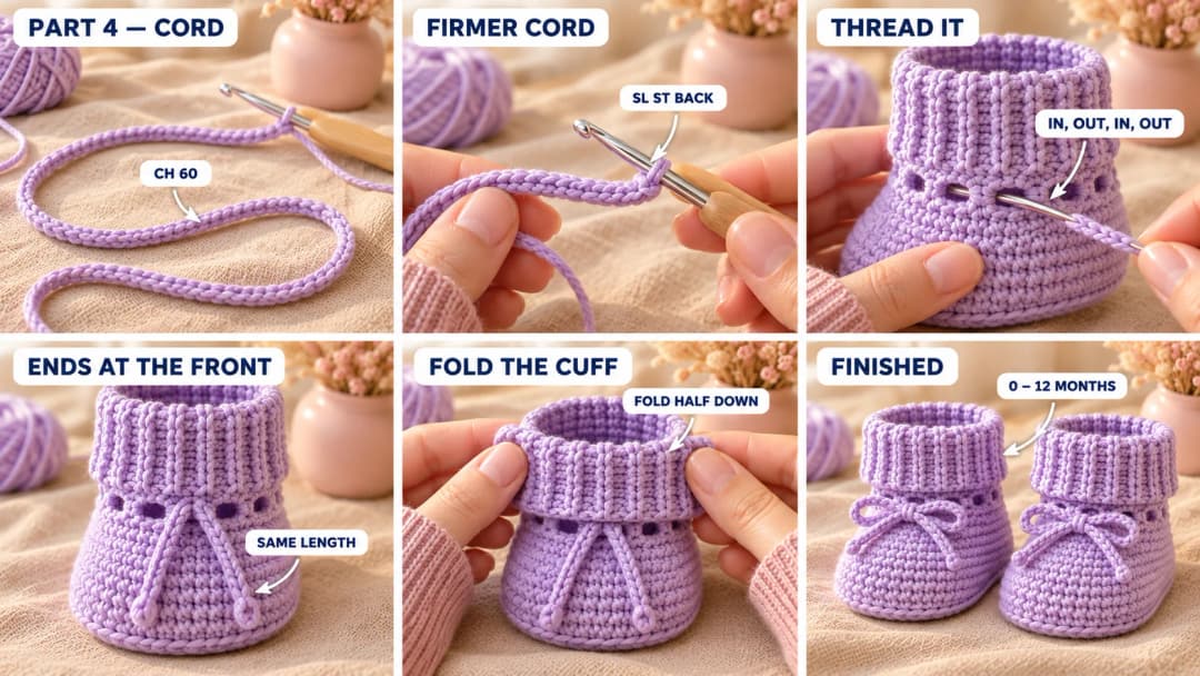 Step 4 of the ribbed cuff crochet baby booties: a lavender chain cord with a slip stitch back along it, the cord threaded in and out of the eyelets with both ends at the front, the top half of the ribbed cuff folded down above the tie, and the finished pair tied in small bows