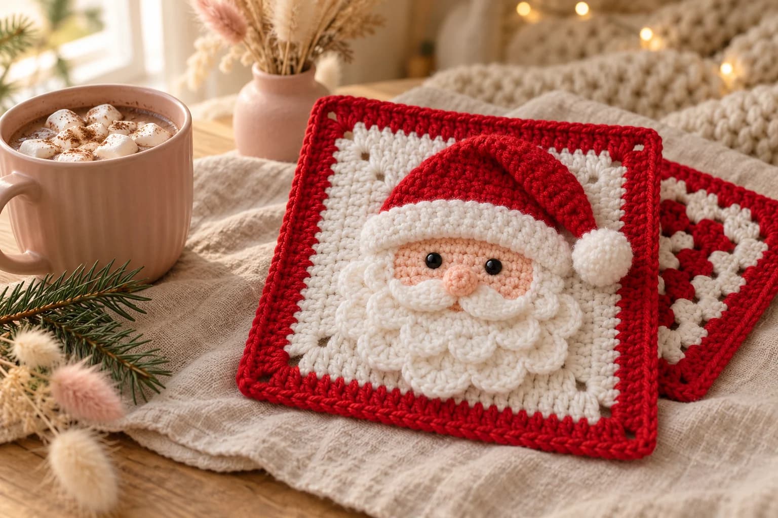 Santa Claus granny square crochet pattern: a red and white crochet granny square with Santa's face in the center, black eyes, a round nose, a white mustache and a curly two-layer white beard, under a red hat with a white brim and a fluffy white pompom on its folded tip, lying on an oatmeal linen cloth over a plain red and white granny square, next to a blush pink mug of hot chocolate with marshmallows and a sprig of pine