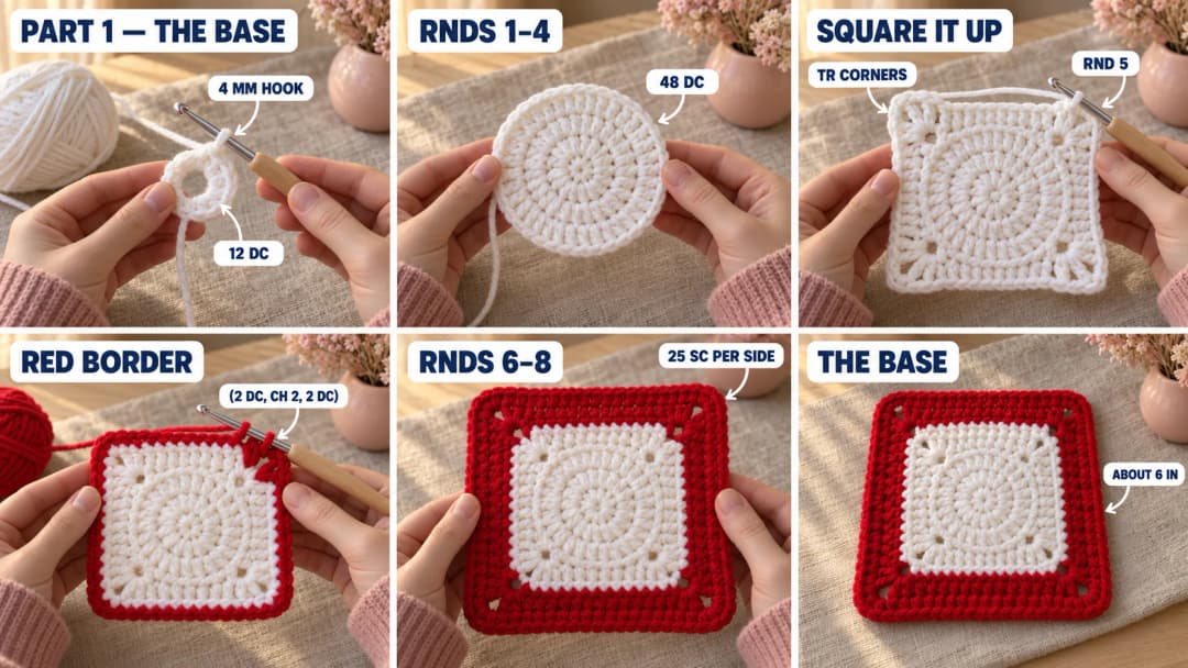 Step 1 of the Santa Claus granny square crochet pattern: a white magic ring of 12 double crochet on a 4 mm hook, a flat white circle of 48 double crochet, the circle squared up with treble crochet corners, the first red double crochet round, and the finished red and white square base